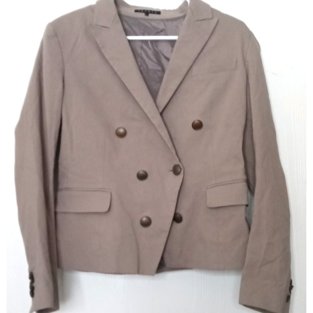 THEORY Khaki BLAZER Sz 10 Cotton Spandex Double Breasted OPEN STYLE Jacket